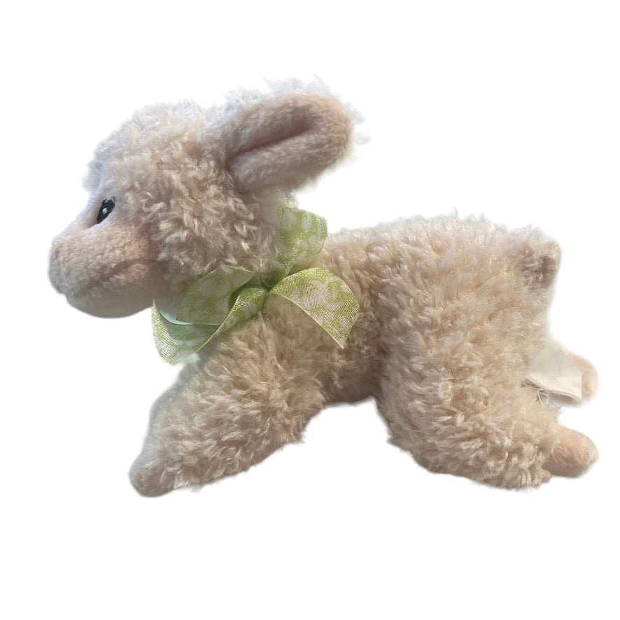 Sweet Baby Lamb, 6", Embroidered Face, Sheer Green Bow. Bean Bottom with Faded Tag