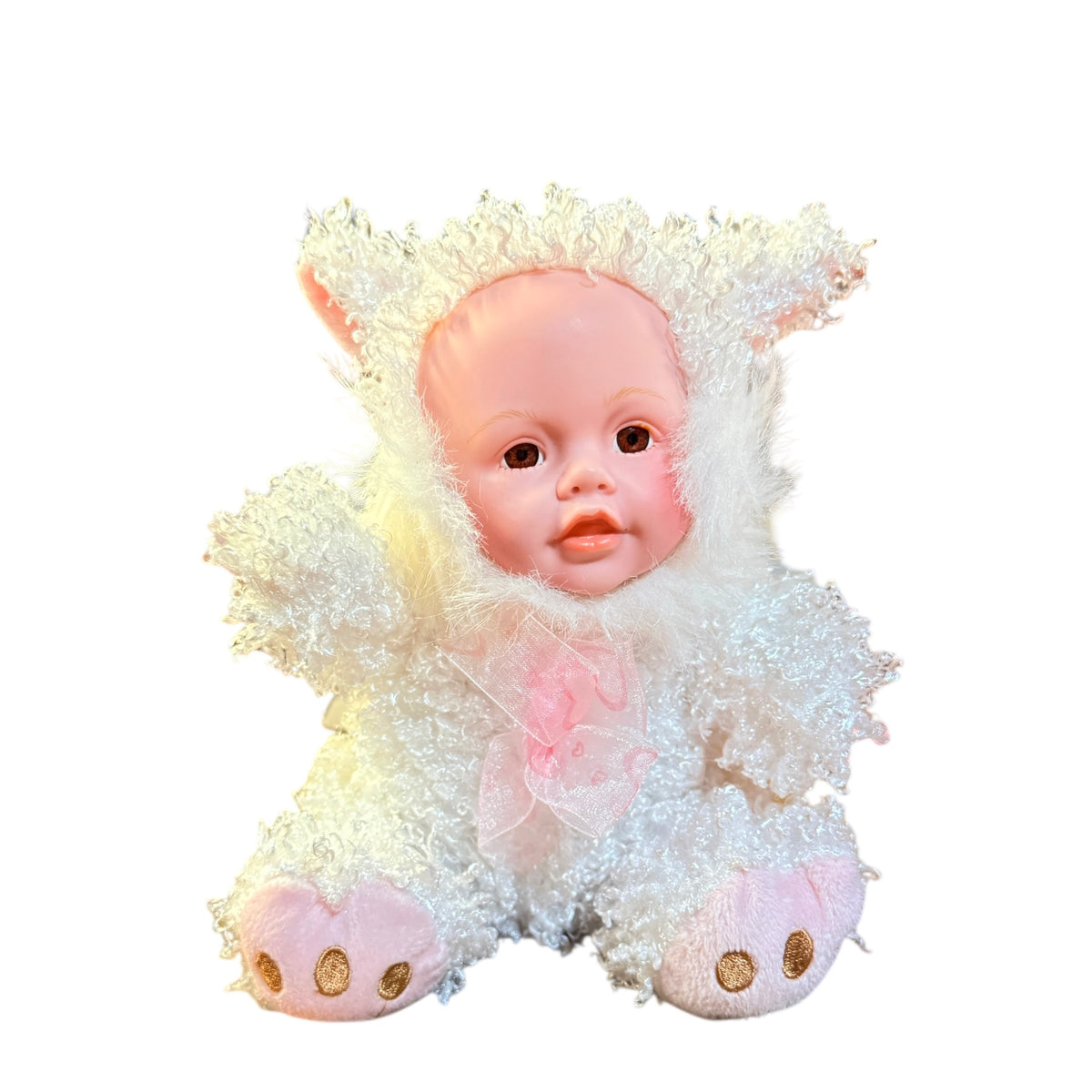 Adorable 8" Seated Bunny Baby Doll, Vinyl Face, Brown Eyes & Curly White Body, Pink Accents