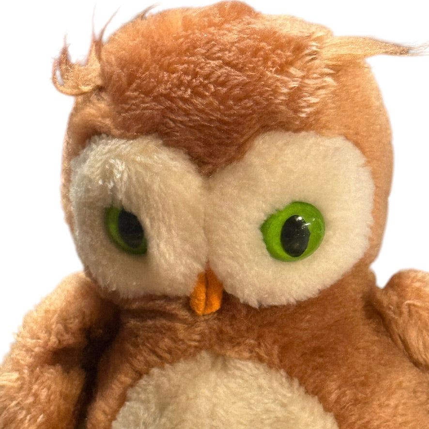 Dakin Vintage Plush, Obie the Owl, 1975 7" Nutshell Stuffed Toy, Beautiful Green Glass Eyes!