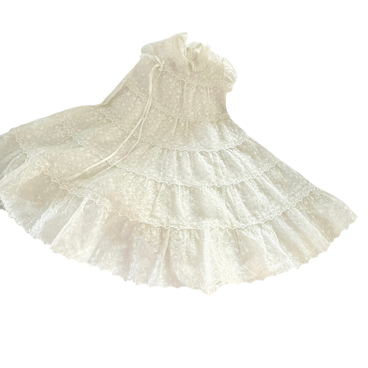 Exquisite Vintage Sheer Lace Christening Gown, Lace Rimmed Tiers, Satin Ribbon & Vintage Snaps