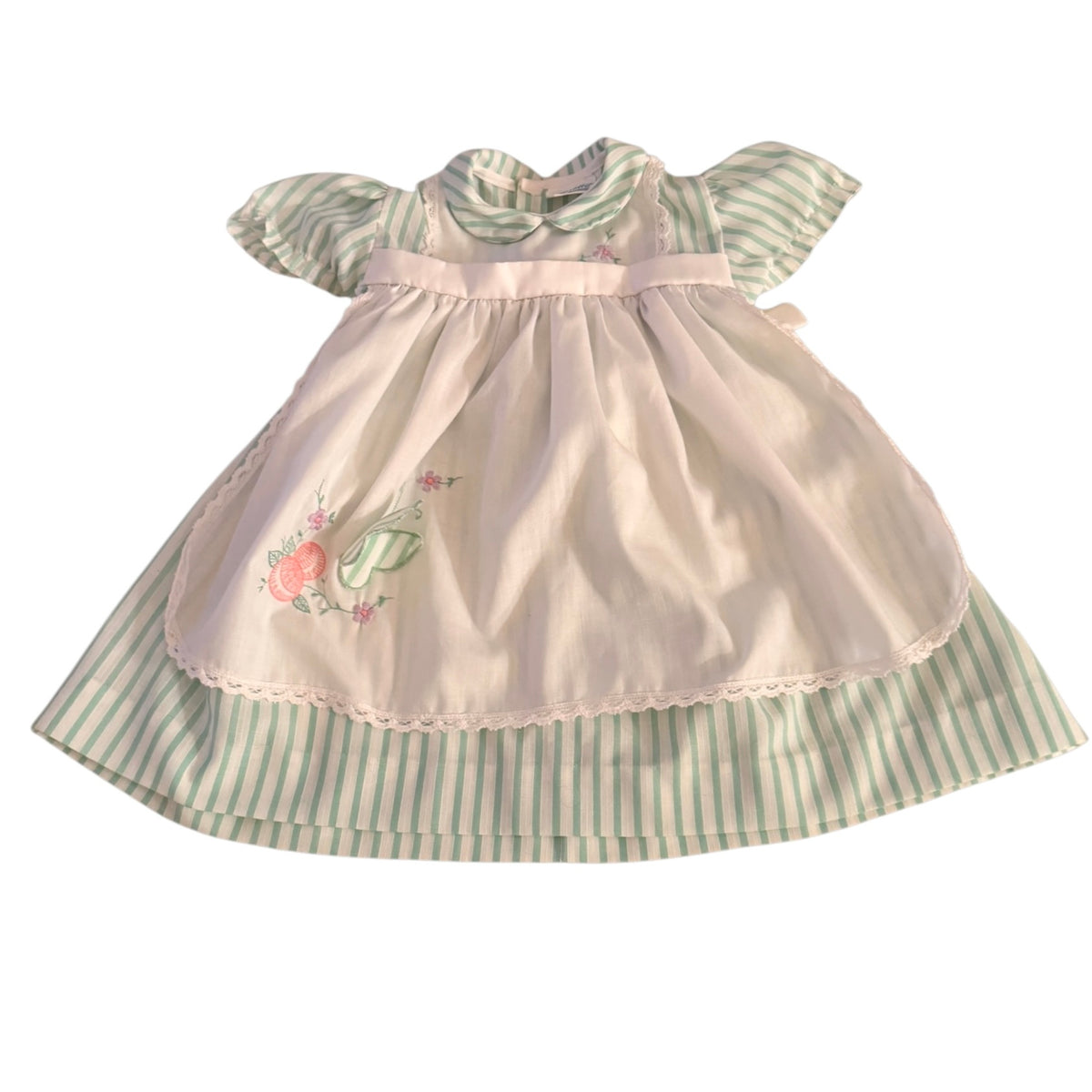 Vintage 'Nanette' Mint Striped Pinafore Dress, Dainty Floral Embroidery with Butterfly Applique