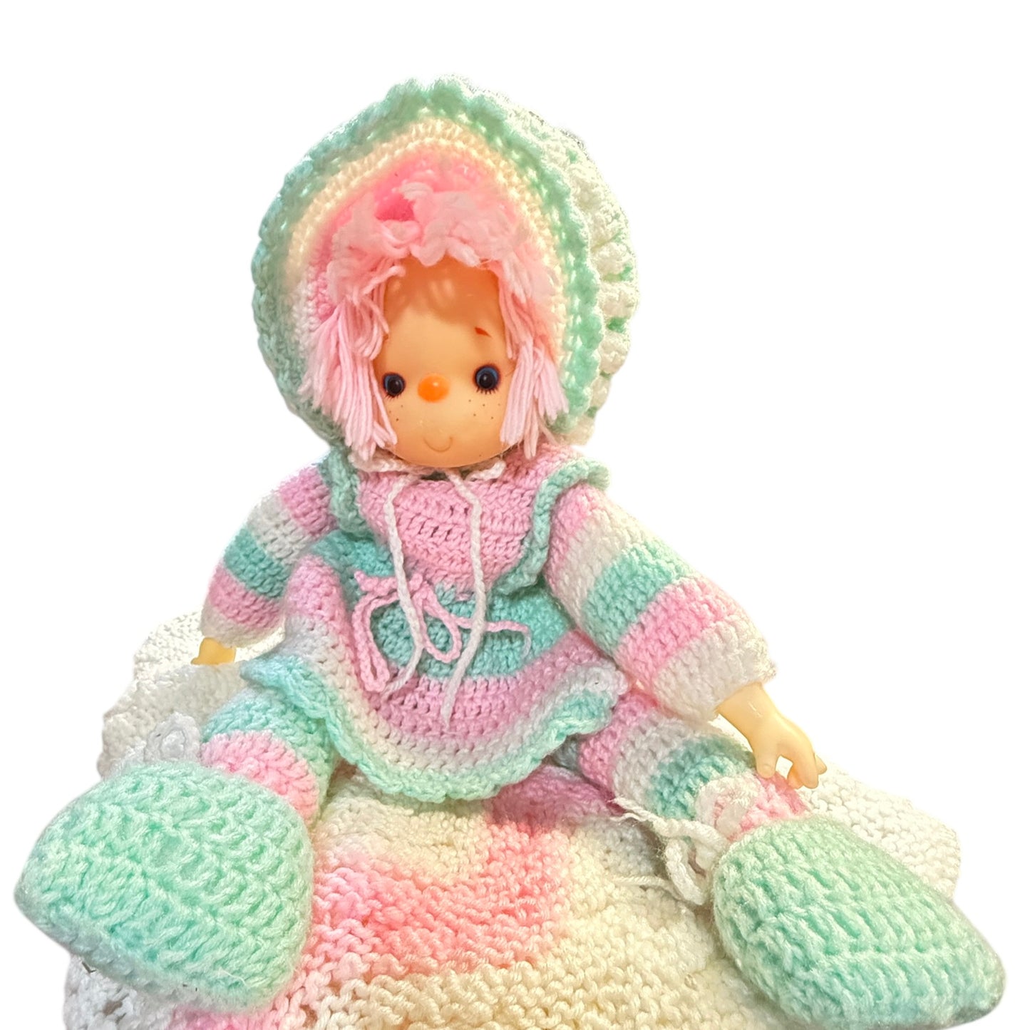 Hand Crocheted Vintage, 'Ice Cream Baby' 27" in Pastel Pink & Green, Blue Eyes, Pink Hair!