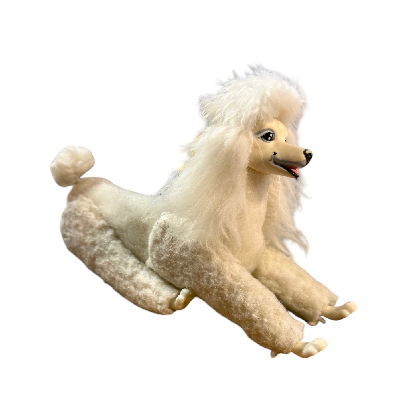 Vintage White Felted Posable Standard Poodle Toy Dog Long Legs, Plastic Feet & Sweet Rubber Face