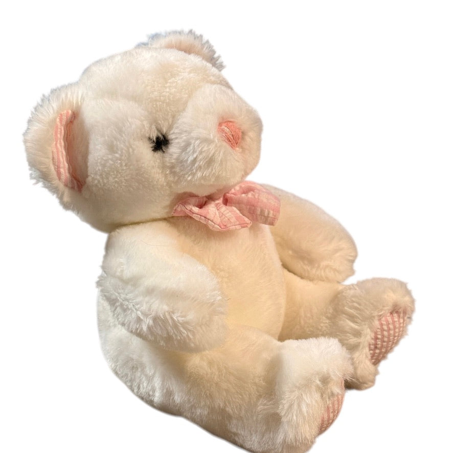 Vintage White Plush Seated Teddy Bear Rattle, Pink Seersucker Ears, Bow Tie & Feet in GVC