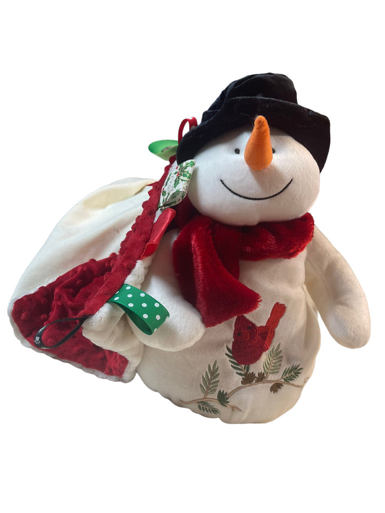 Beautiful Weighted Snowman Plush with Embroidered Cardinal & Minky Tug Lovey