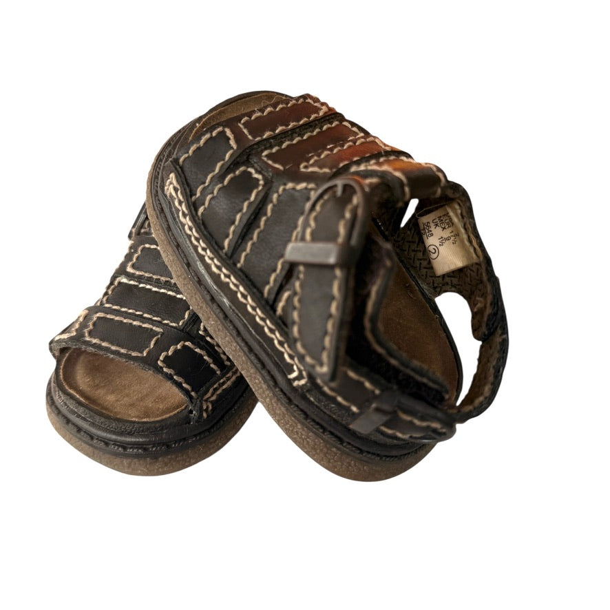 Wolfe Island Fisherman Sandals, Infant Size 2 Brown, Hook & Loop Closure Beige Stitching