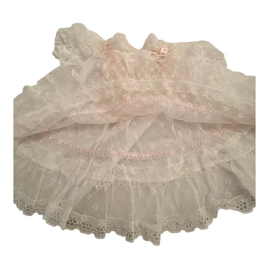 Dainty Vintage Sheer Lace Baby Dress with Pink Satin Ribbons Rosettes