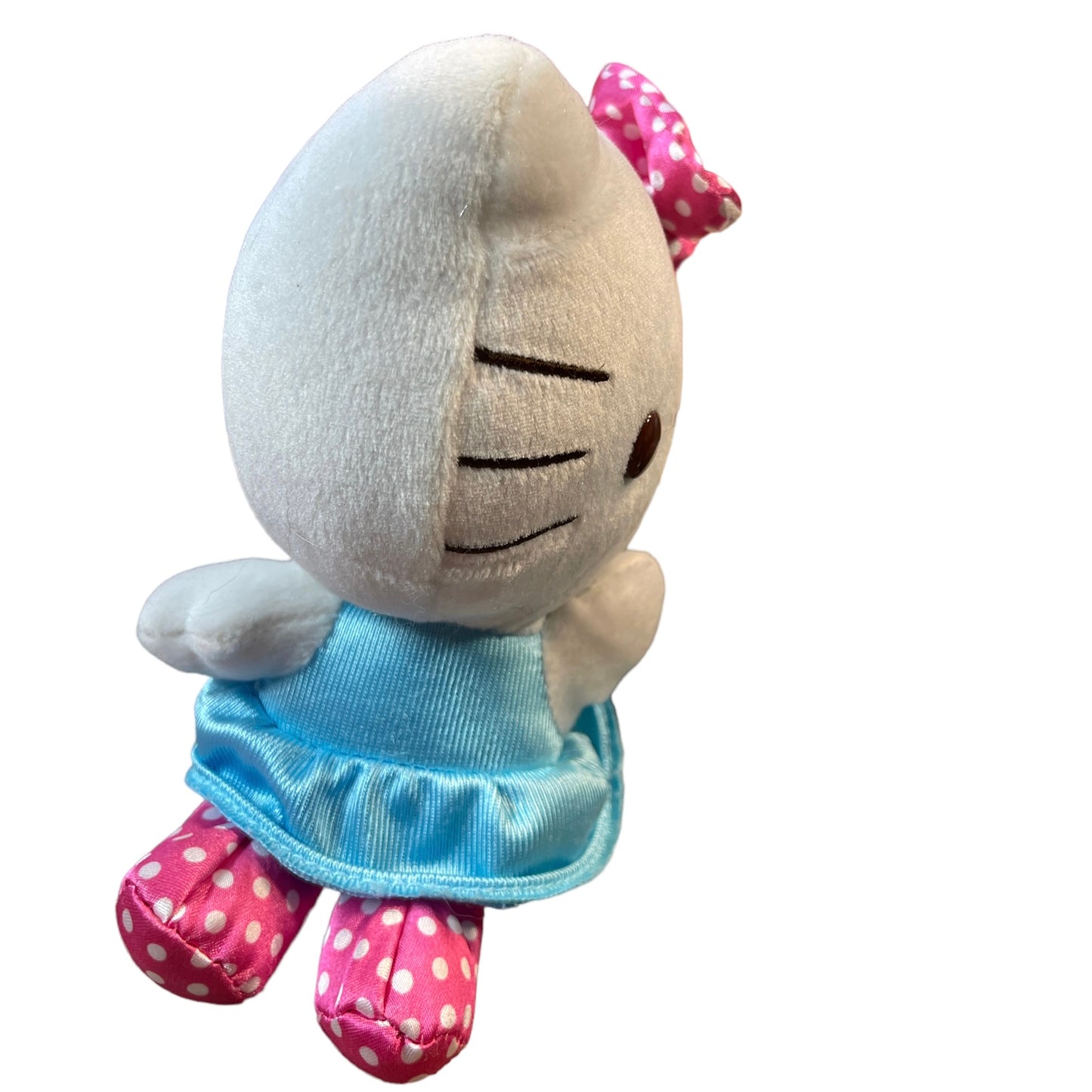 Sanrio 6" Sideways Hello Kitty in Blue Satin Dress, Pink Polka Dot Bow & Shoes