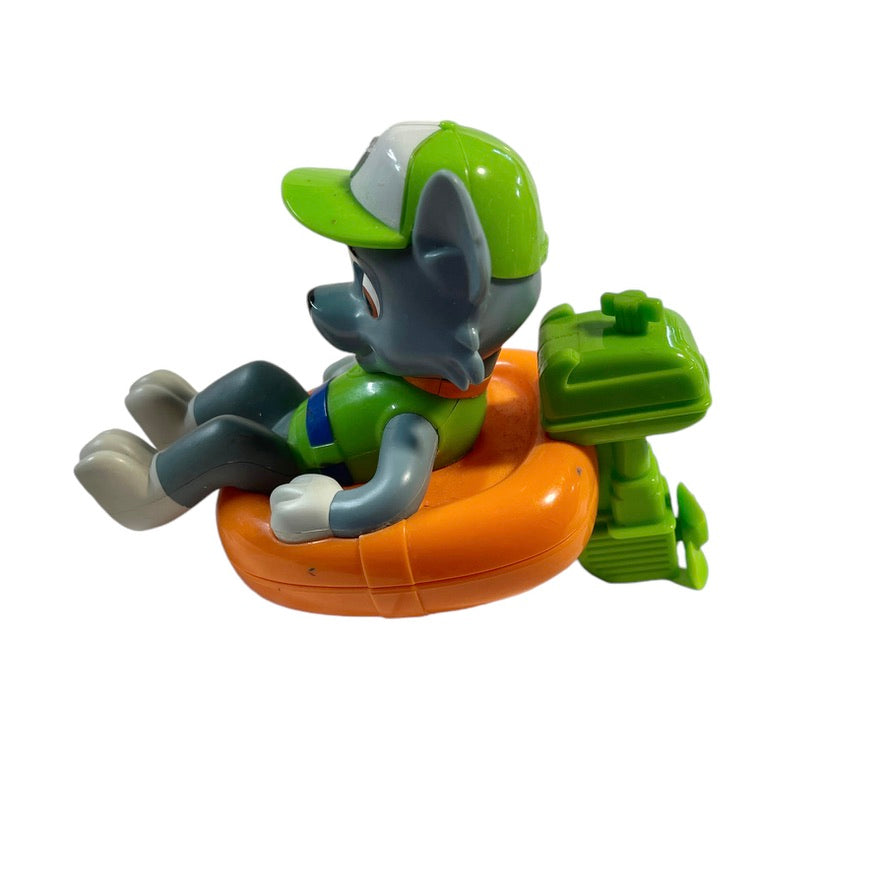 Paw Patrol Rocky Bath Paddlin' Pup in Orange Dinghy, Green Outboard Motor, Good Preowned Condition
