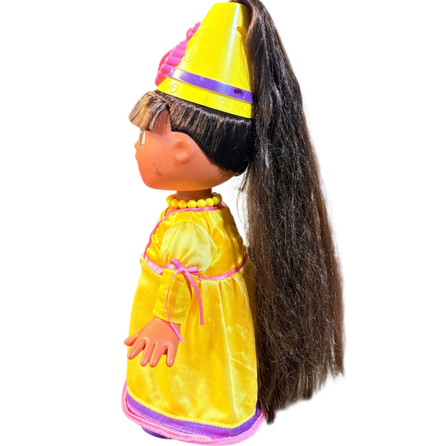 Vintage Hair Fisher-Price Magic Hair Dora Doll Yellow Princess Gown & Hat with Large Pink Jewel