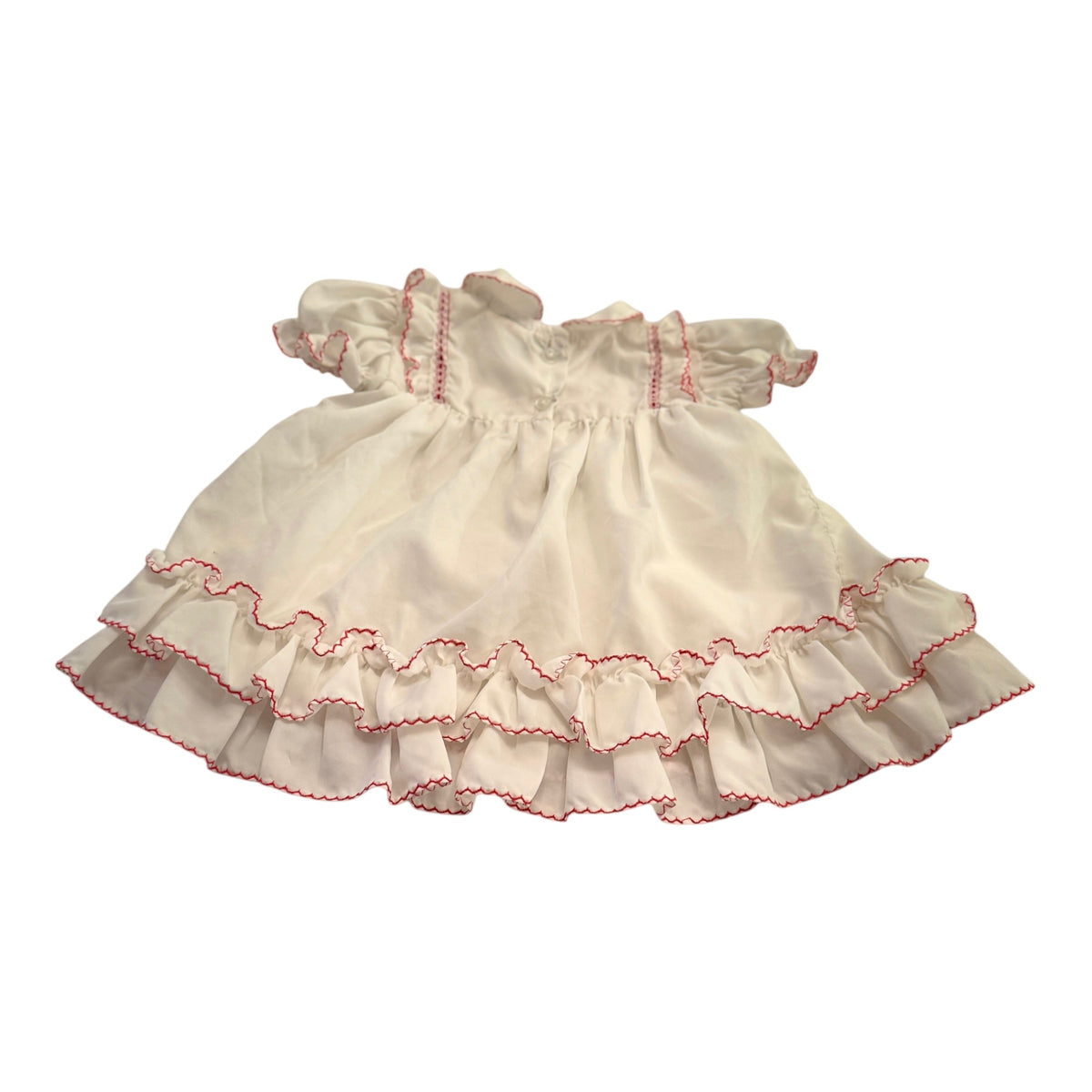 Vintage Preowned White Ruffled Baby Dress with Red Trim and Ribbon Embellishment