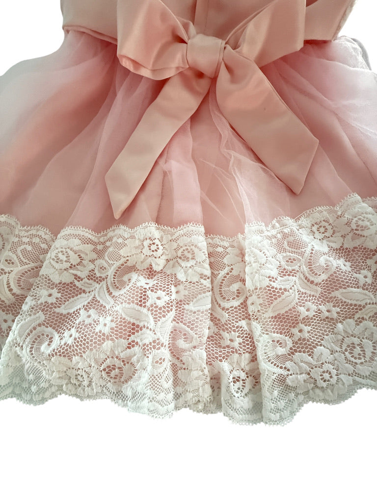 Exquisite Pink Chiffon & Lace Baby Party Dress, Satin Bow & Rosette Embellshment