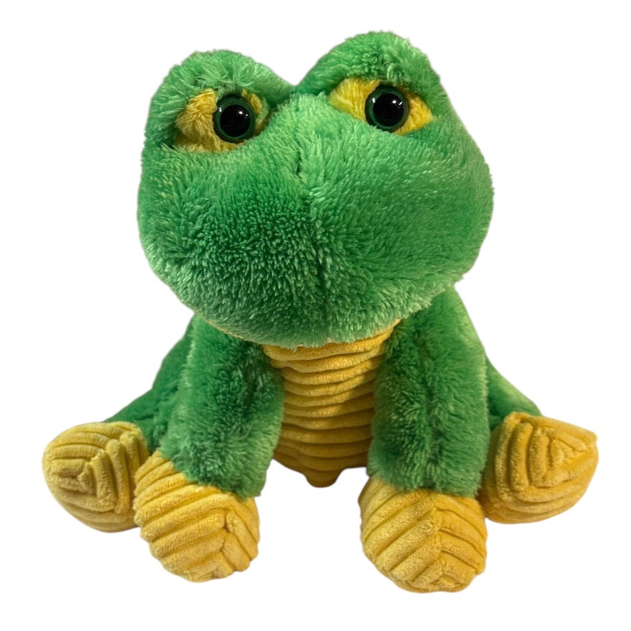 Jump Kids World Green & Yellow 7.5" Frog with Buggy Green Glass Eyes & Corded Belly & Feet in GUC