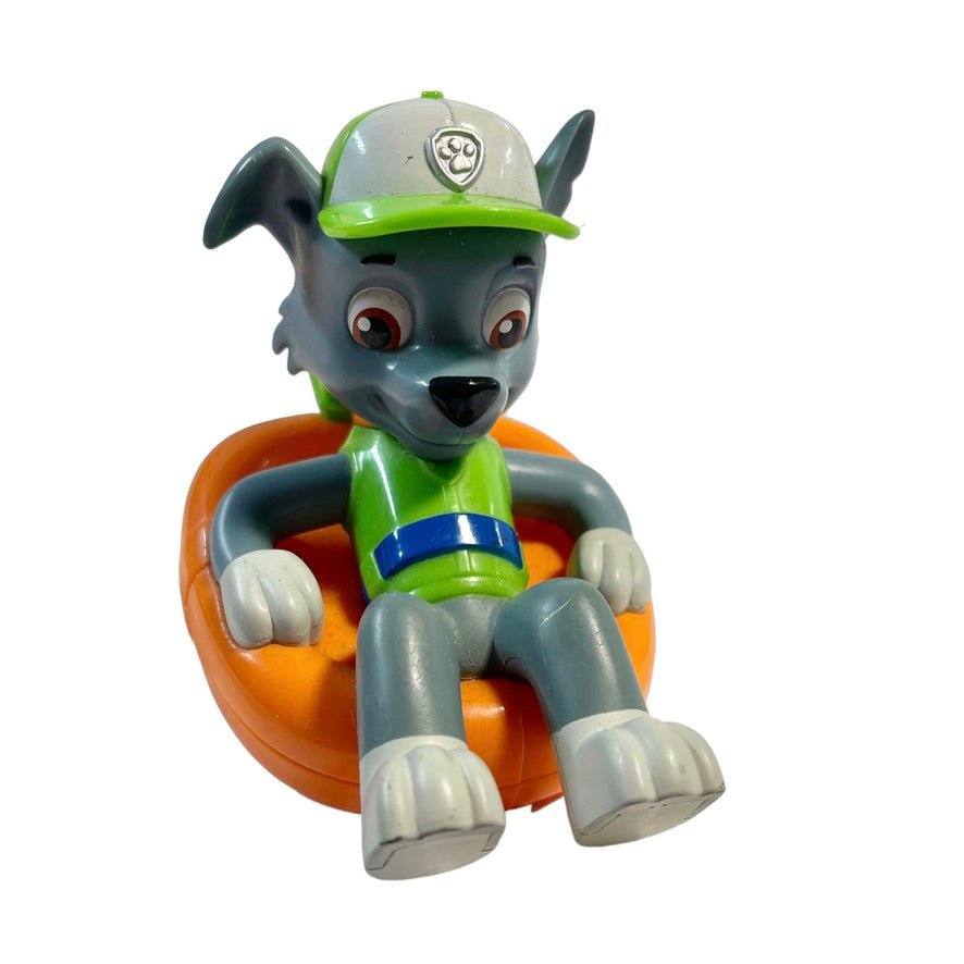 Paw Patrol Rocky Bath Paddlin' Pup in Orange Dinghy, Green Outboard Motor, Good Preowned Condition