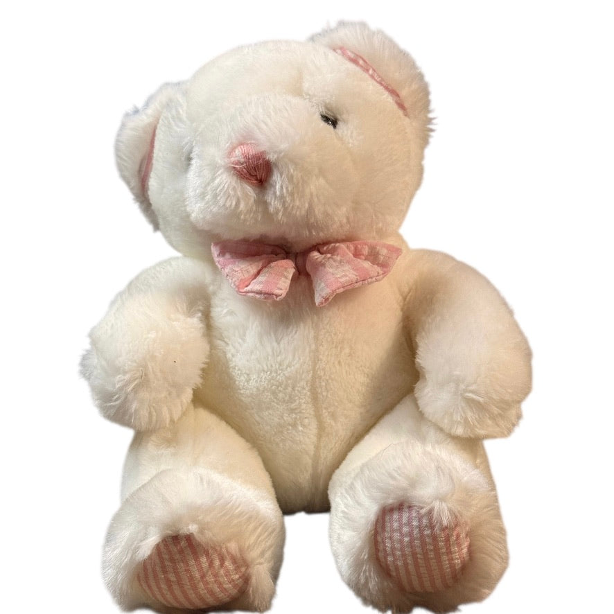 Vintage White Plush Seated Teddy Bear Rattle, Pink Seersucker Ears, Bow Tie & Feet in GVC