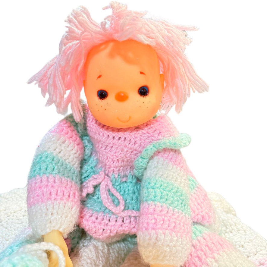 Hand Crocheted Vintage, 'Ice Cream Baby' 27" in Pastel Pink & Green, Blue Eyes, Pink Hair!