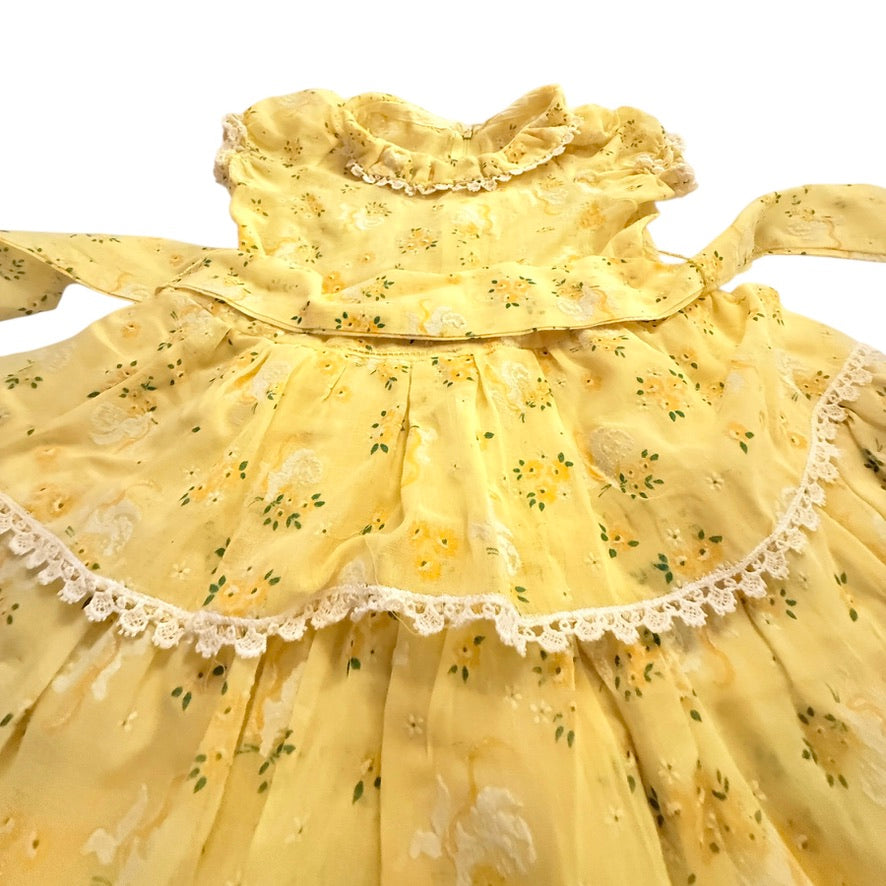 Dainty Textured Yellow Floral Print Vintage Tiered Toddler Dress, Crochet Lace Trim, Tie Waist
