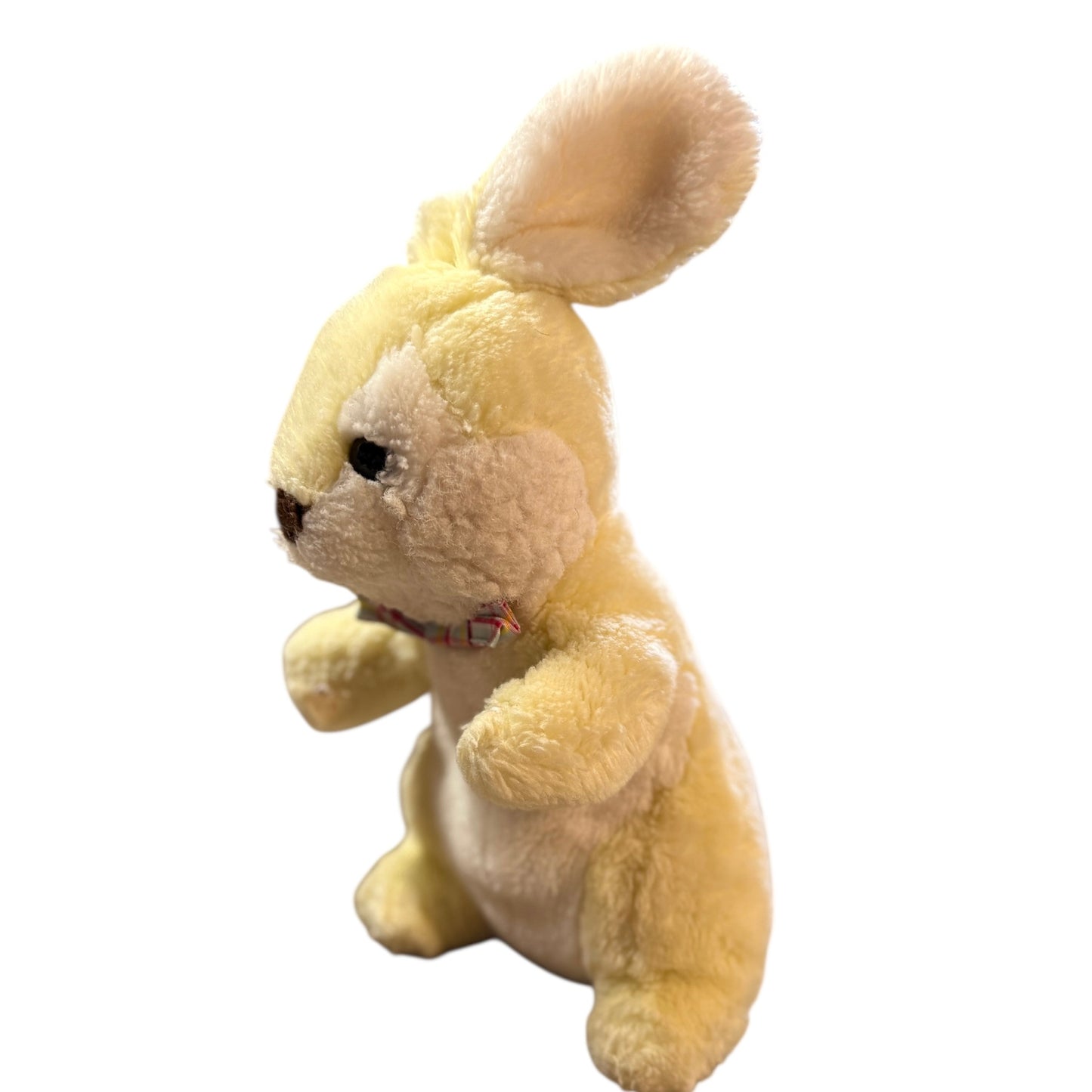 Vintage Yellow & White Standing Rabbit Stuffed Animal Plush, Upright Ears, Plaid Bowtie GVC