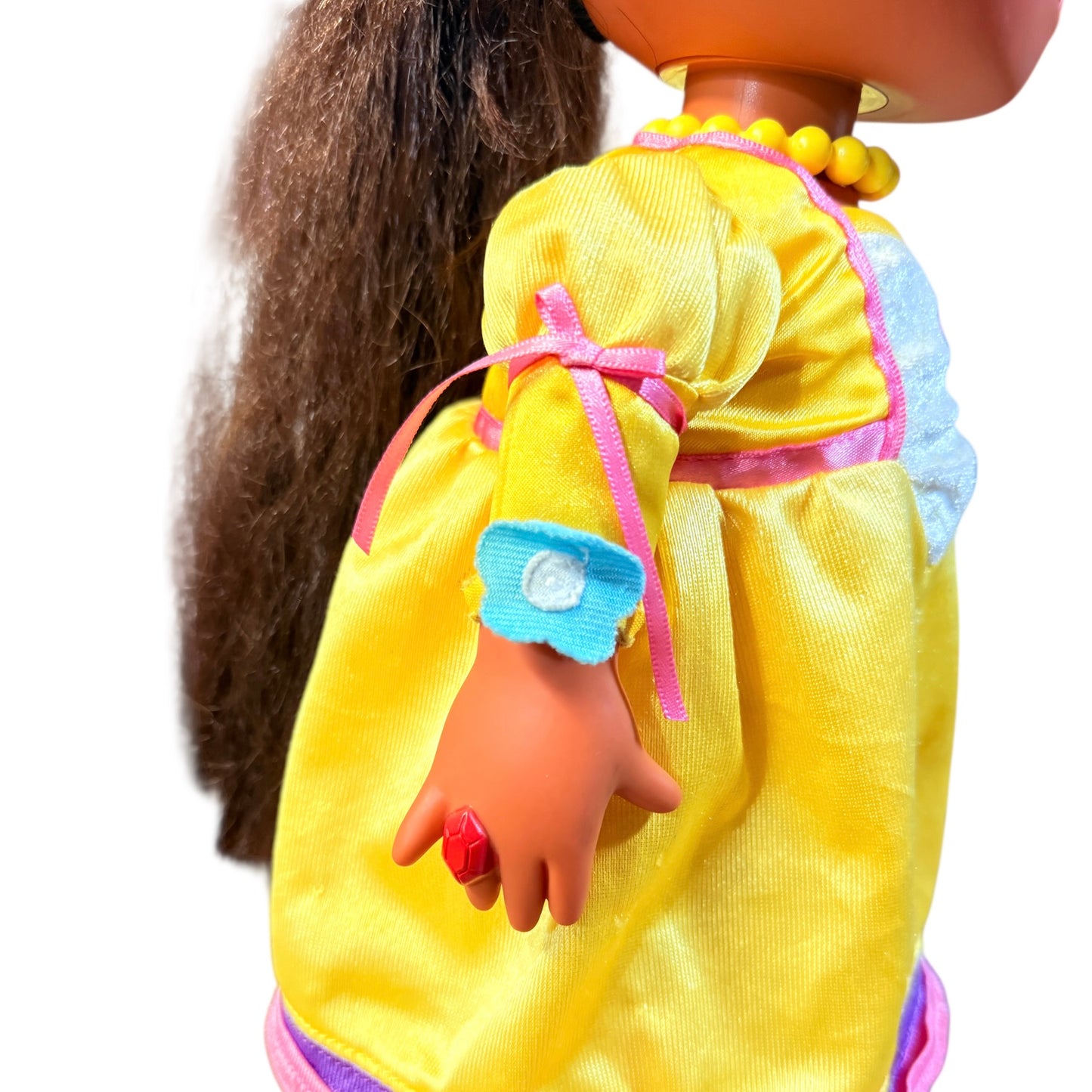 Vintage Hair Fisher-Price Magic Hair Dora Doll Yellow Princess Gown & Hat with Large Pink Jewel