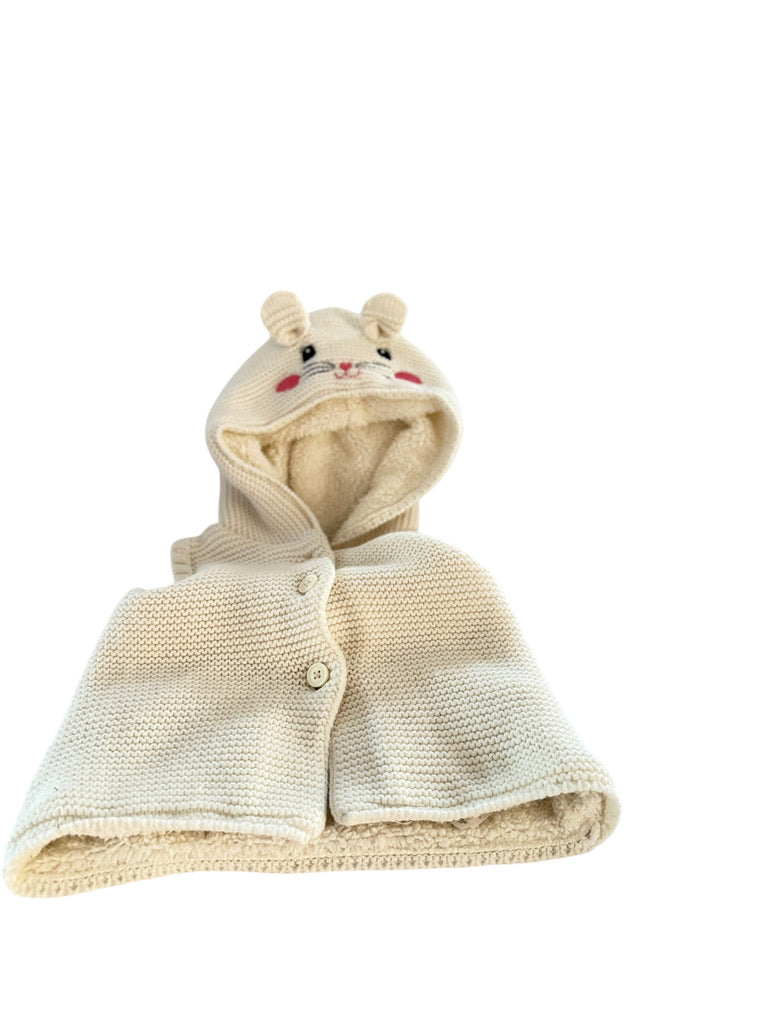 Waikiki Button Front Ecru Knit Vest with Fleece Lining & Sweet Embroidered Kitten Face 9-12 m