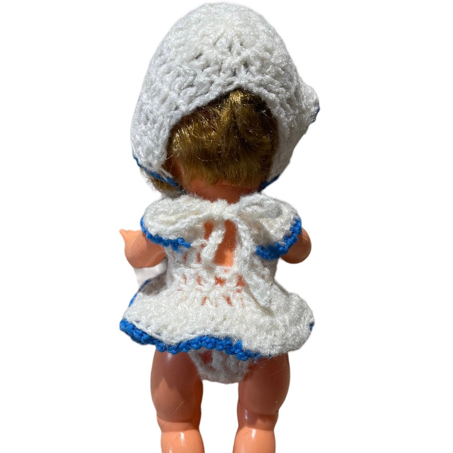 Vintage Blue Box Made in Hong Kong Drink & Wet Baby Doll in Knit White & Blue Outfit