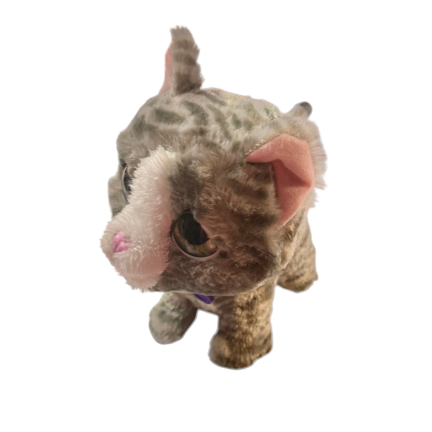Fur Real Walks-a-Lot Kitten, Grey Stripe, Purple Collar & HUGE Green Eyes. Preowned, Works Great!
