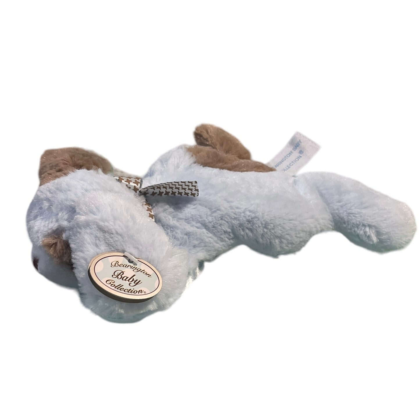 Bearington Baby Rattle Soft Blue & Brown CuddlyPuppy, Satin Tummy and Eyepatch Preowned with Tsgs