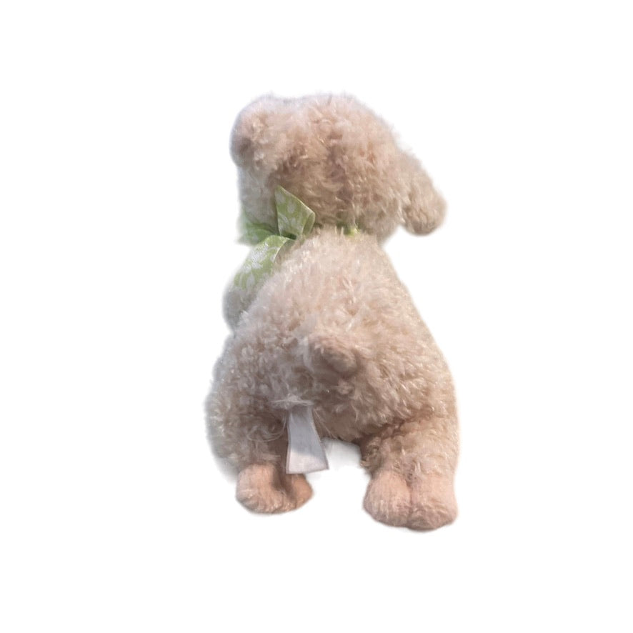 Sweet Baby Lamb, 6", Embroidered Face, Sheer Green Bow. Bean Bottom with Faded Tag