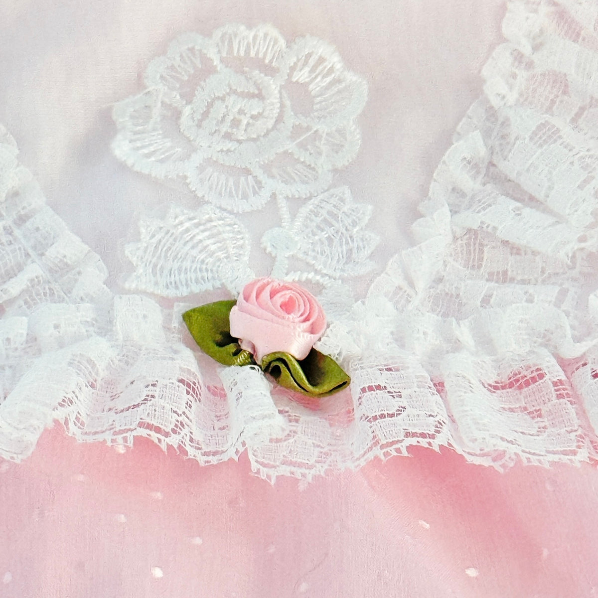 Vintage Little Princess Dainty Pink Cotton Party Dress, White Lace Collar with Satin Rosette