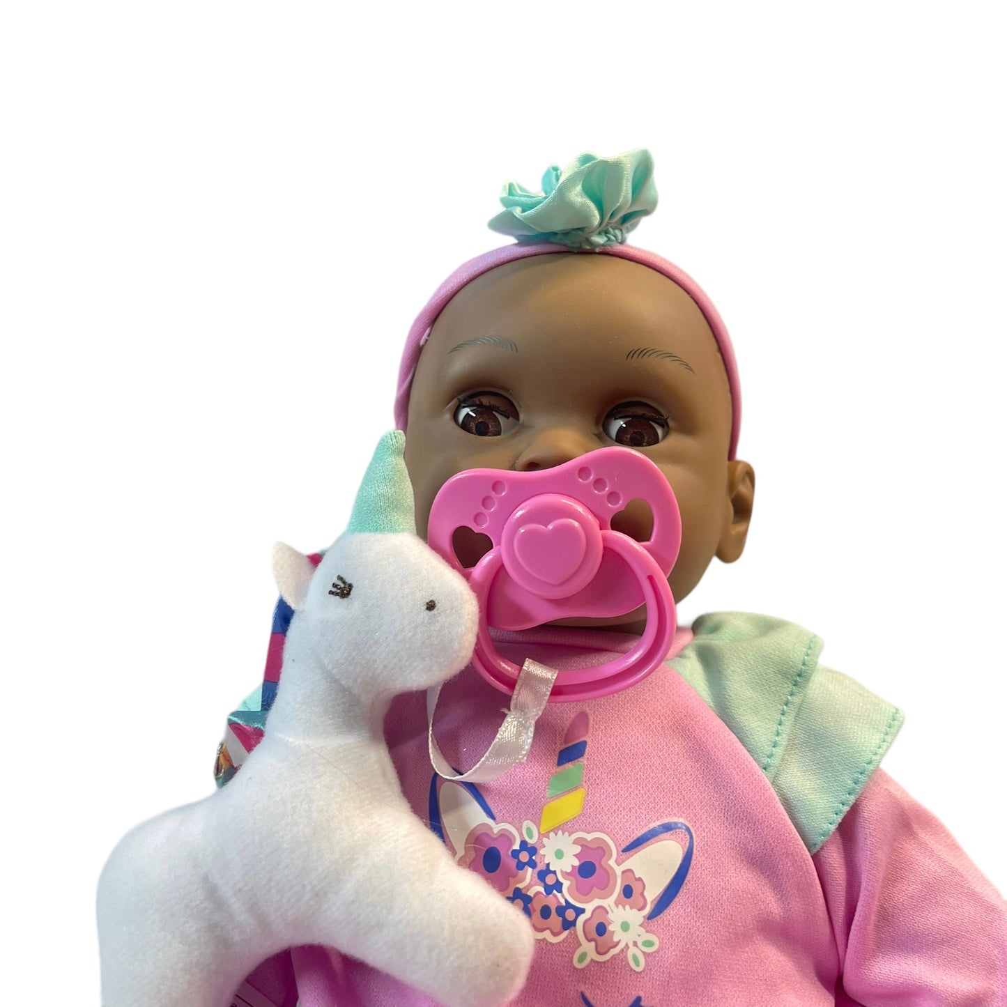 Sweet Baby Doll African American Doll in Aqua & Pink Complete with Stuffed Toy and Pacifier
