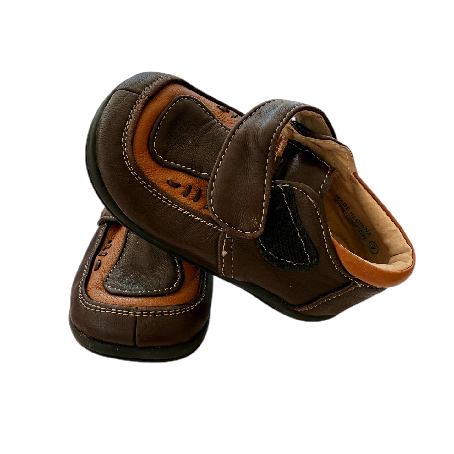 Leather Size 7 Shoes, Cognac & Chocolate Brown with Decorative Stitching Hook & Loop Closure