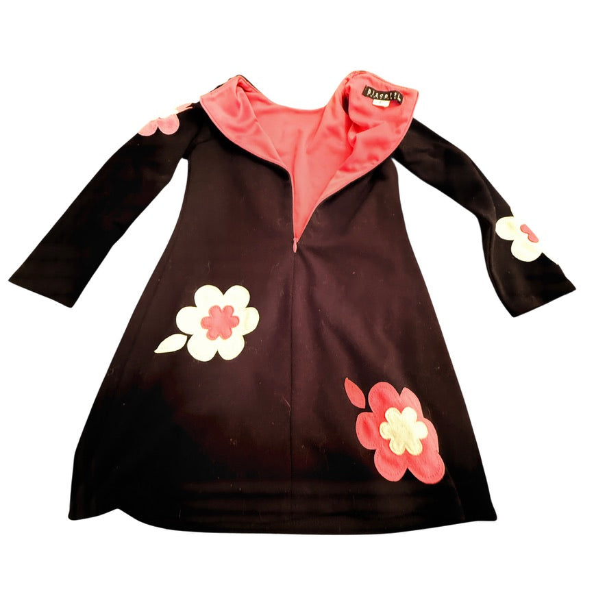 Black Long Sleeved Biscotti Children's Dress, Size 6, with Bright Pink and White Appliques