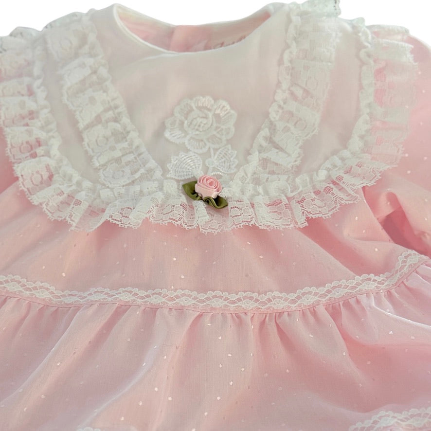Vintage Little Princess Dainty Pink Cotton Party Dress, White Lace Collar with Satin Rosette