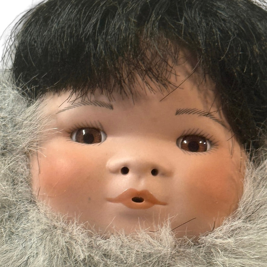 Little Snowflower, Indigenous Cloth Doll with Sweet Porcelain Painted Face, Fur& Felt Clothes