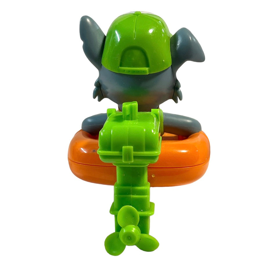 Paw Patrol Rocky Bath Paddlin' Pup in Orange Dinghy, Green Outboard Motor, Good Preowned Condition