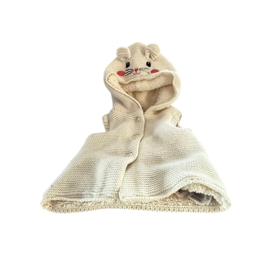Waikiki Button Front Ecru Knit Vest with Fleece Lining & Sweet Embroidered Kitten Face 9-12 m