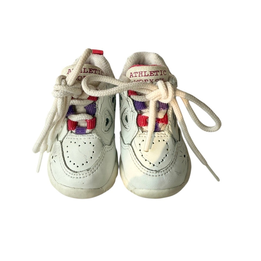 Ruby Athletic Works White Preowned Infant Trainers, Size 1 Tie Ups with Pink & Purple Accents