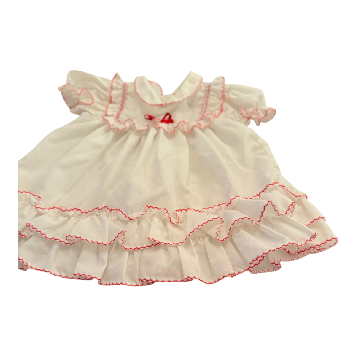 Vintage Preowned White Ruffled Baby Dress with Red Trim and Ribbon Embellishment