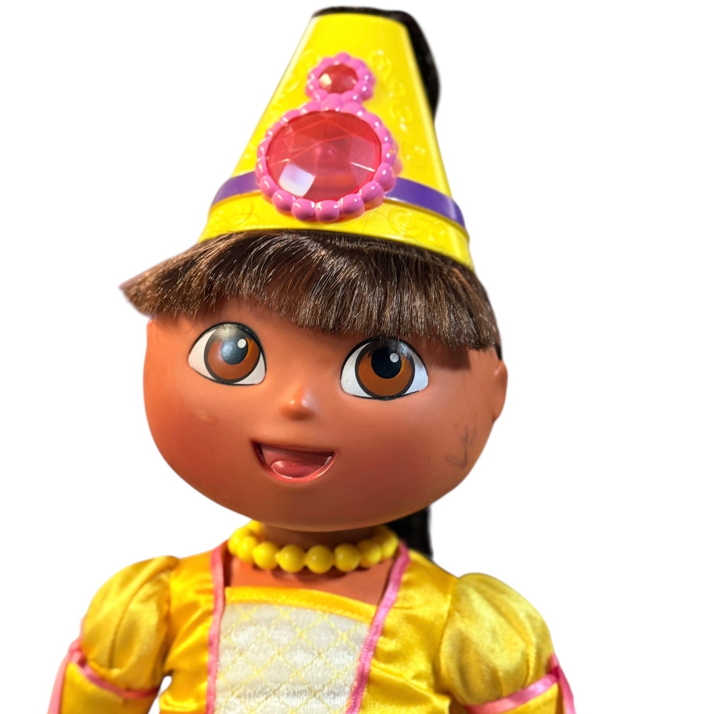 Vintage Hair Fisher-Price Magic Hair Dora Doll Yellow Princess Gown & Hat with Large Pink Jewel