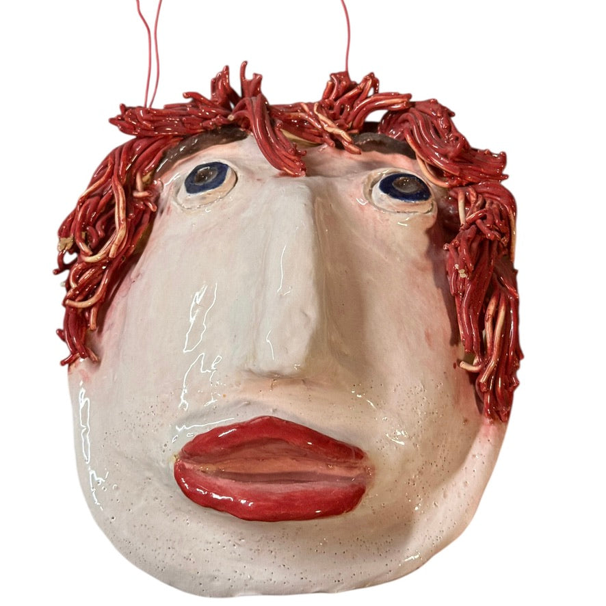 Delightful, One-of-a Kind Handmade Caricature Clay Mask with Red Spaghetti Hair, Artist Signed