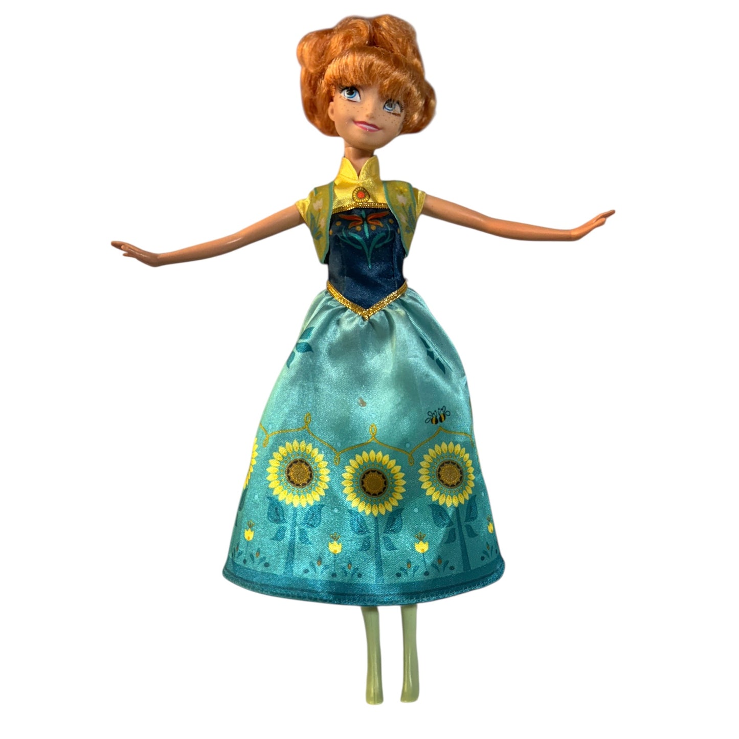 Disney Frozen Fever Anna Doll in Pretty Spring Dress with Flowers, Coordinating Hair Ribbon