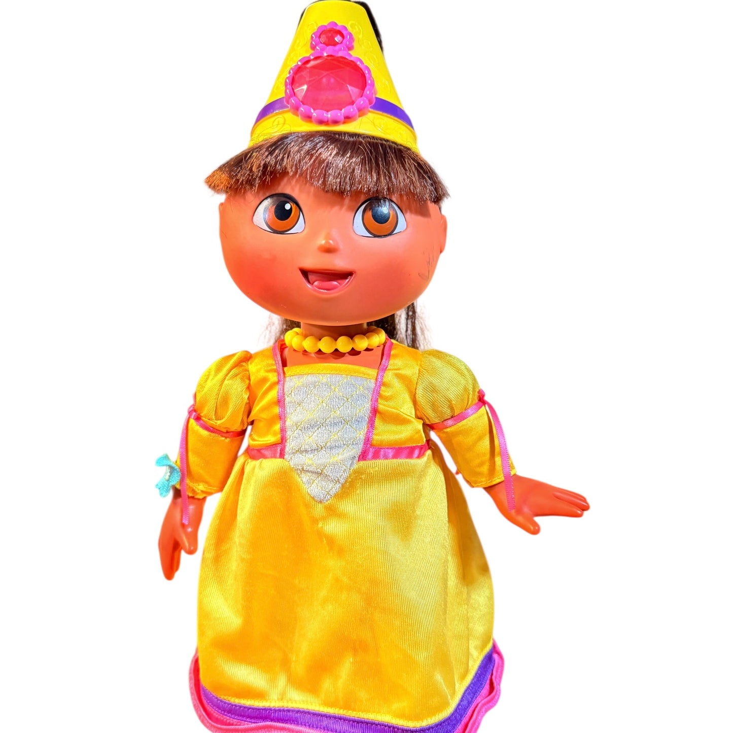Vintage Hair Fisher-Price Magic Hair Dora Doll Yellow Princess Gown & Hat with Large Pink Jewel