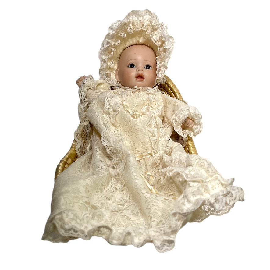 Vintage Eaton's Baby's First Christmas Music Box & Doll by Artist, April Katz, 1985