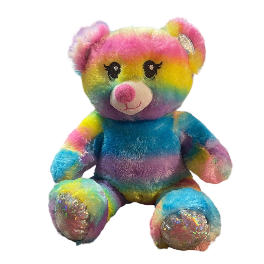 Build-a-Bear Rainbow Sparkle 16" Teddy Bear, Embroidered Blue Eyes & Sparkly Silver Pads So Pretty! EUC