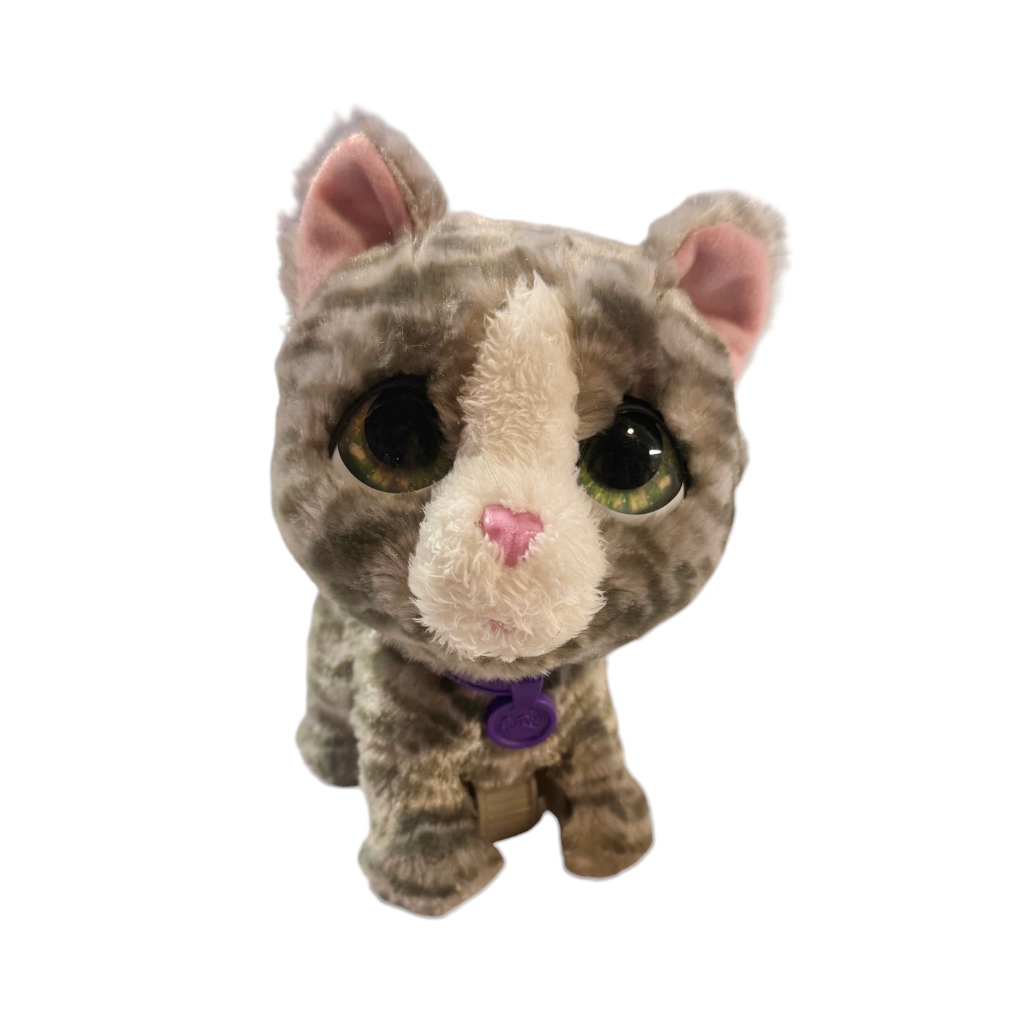 Fur Real Walks-a-Lot Kitten, Grey Stripe, Purple Collar & HUGE Green Eyes. Preowned, Works Great!