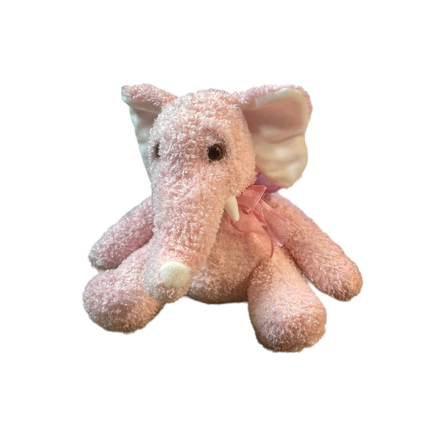 Pink Terry Cloth  9" Stuffed Elephant Elephant, Pretty Gauze Bow & Creamy White Ears & Tusks