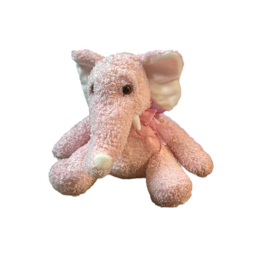Pink Terry Cloth  9" Stuffed Elephant Elephant, Pretty Gauze Bow & Creamy White Ears & Tusks