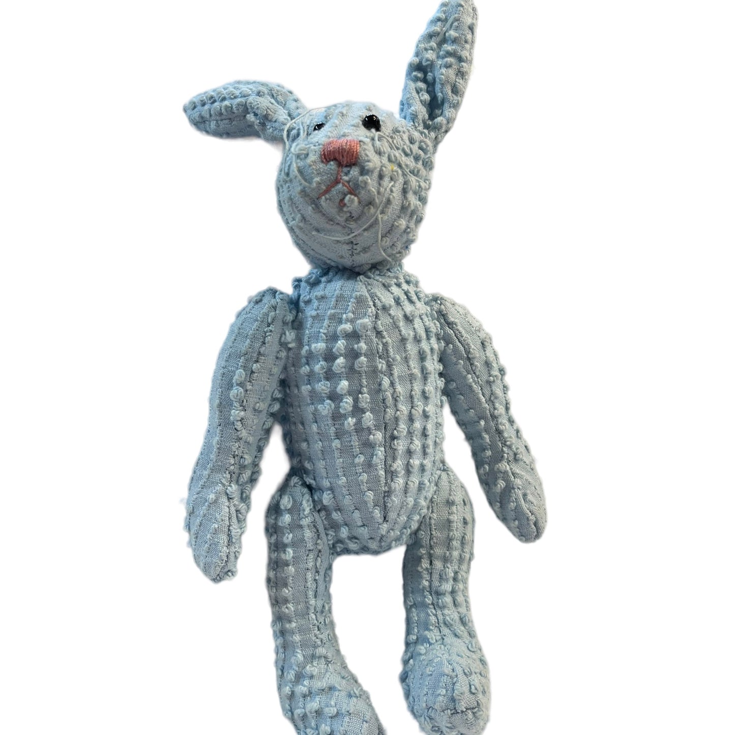 Chenille Sensory 8" 100% Blue Cotton Lop Eared Bunny. Black Bead Eyes, Spiky Whiskers& Pink Nose