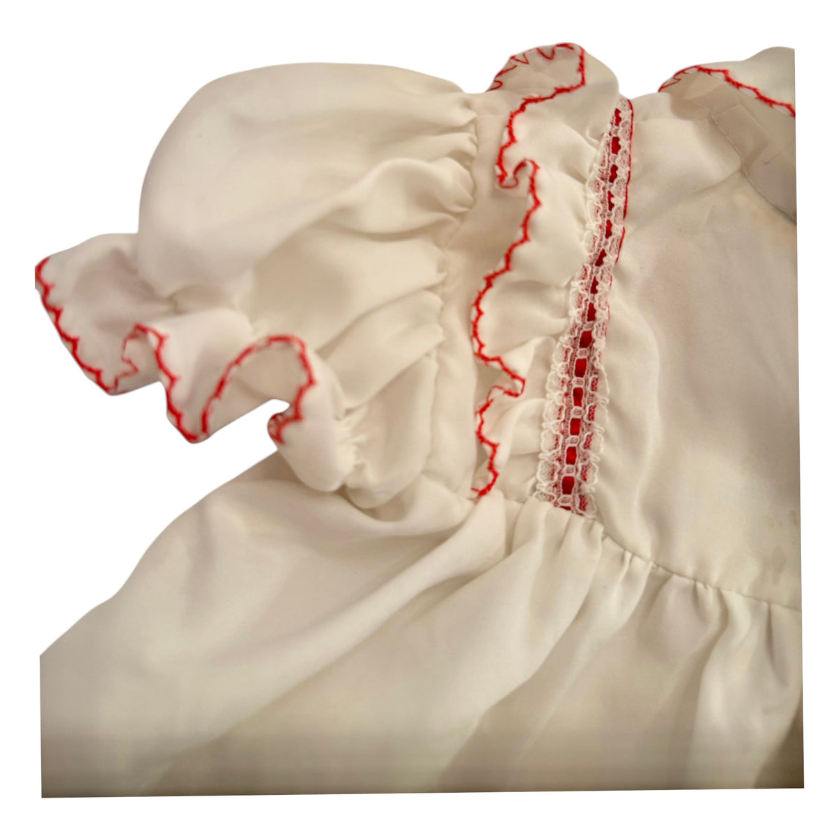 Vintage Preowned White Ruffled Baby Dress with Red Trim and Ribbon Embellishment