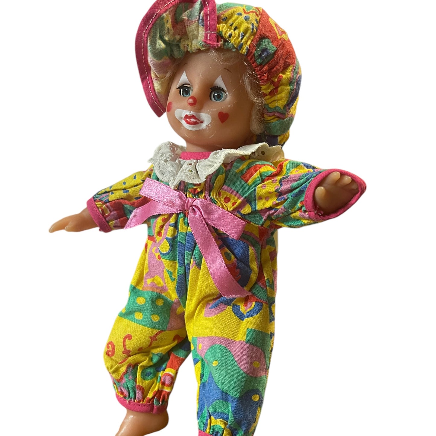 Tiny TurkishClown Faced Doll In Bright Printed Romper & Matching Cap, 9" in GUC